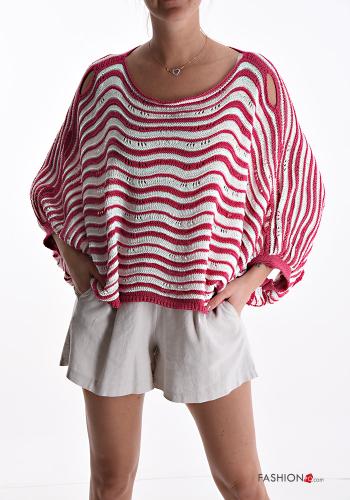  Maglione in Cotone oversize Fantasia righe maniche a tre quarti  Rosa-ciliegia