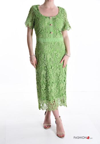  short sleeve long lace trim Dress with buttons with lining