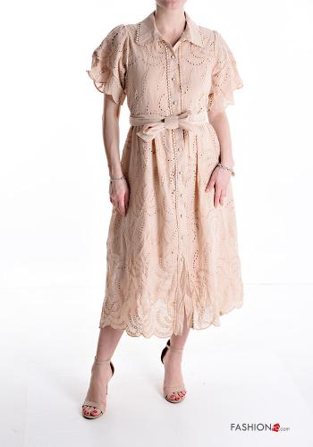  short sleeve long Cotton Shirt dress with sash broderie anglaise