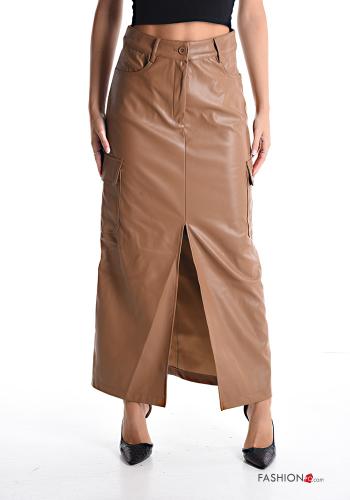  Longuette Skirt with pockets with split with zip Brown