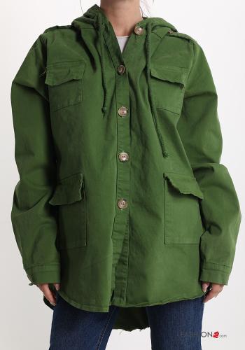  Cotton Parka with buttons with hood with pockets Dark olive green