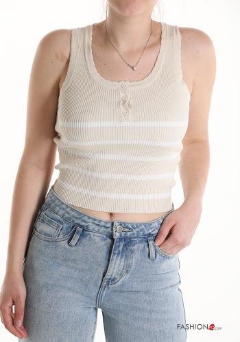  Top en Coton Côtelé Imprimé à rayures à boutons  Beige
