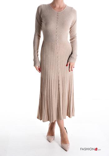  Ribbed long pleated Dress with buttons Beige