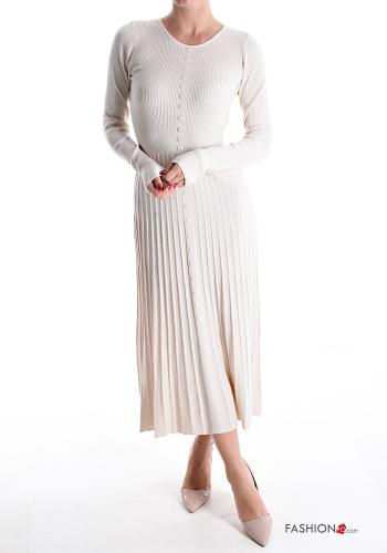 Ribbed long pleated Dress with buttons White Cream