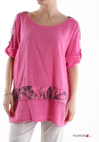  Leaf print short sleeve Cotton Blouse  Fucsia