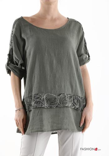  Leaf print short sleeve Cotton Blouse  Military green