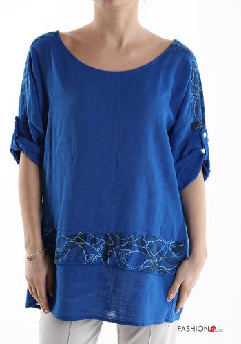  Leaf print short sleeve Cotton Blouse  Electric blue