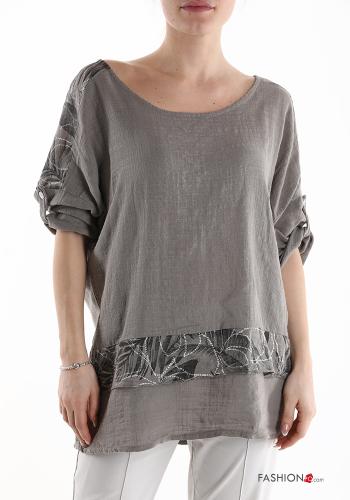  Leaf print short sleeve Cotton Blouse  Mud Brown
