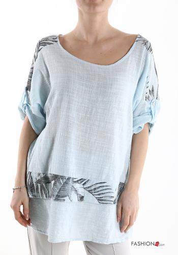  Leaf print short sleeve Cotton Blouse  Light -blue