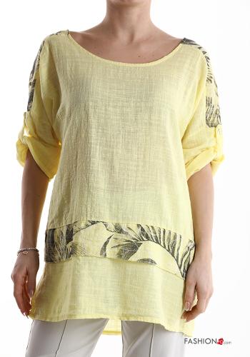  Leaf print short sleeve Cotton Blouse  Yellow
