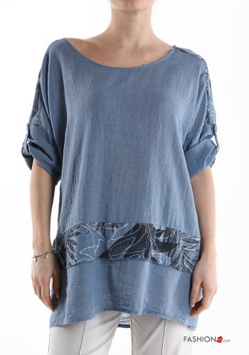  Leaf print short sleeve Cotton Blouse  Denim