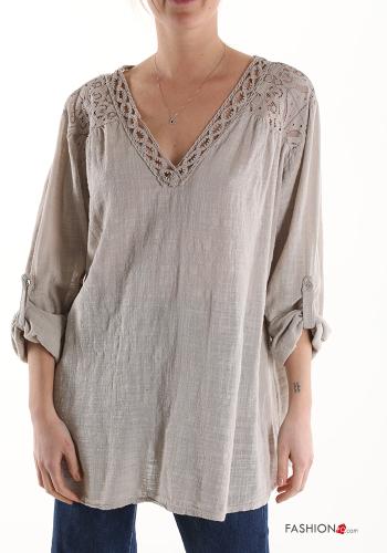  lace trim Cotton Tunic with v-neck 3/4 sleeve Beige