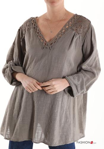  lace trim Cotton Tunic with v-neck 3/4 sleeve Mud Brown