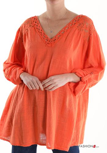  lace trim Cotton Tunic with v-neck 3/4 sleeve Orange