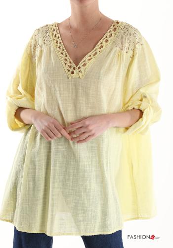  lace trim Cotton Tunic with v-neck 3/4 sleeve Yellow