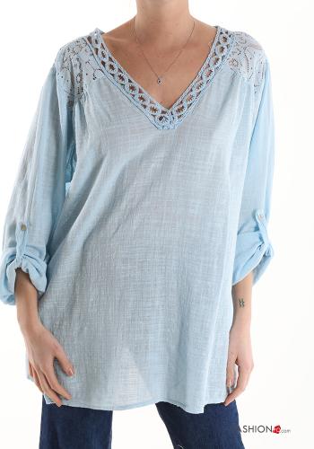  lace trim Cotton Tunic with v-neck 3/4 sleeve Light -blue