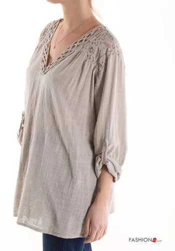  lace trim Cotton Tunic with v-neck 3/4 sleeve