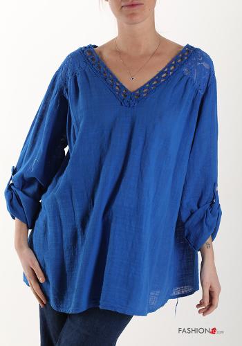  lace trim Cotton Tunic with v-neck 3/4 sleeve Electric blue