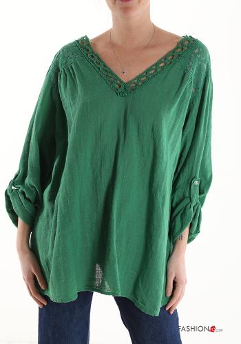  lace trim Cotton Tunic with v-neck 3/4 sleeve Sea green