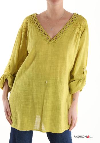  lace trim Cotton Tunic with v-neck 3/4 sleeve Mustard