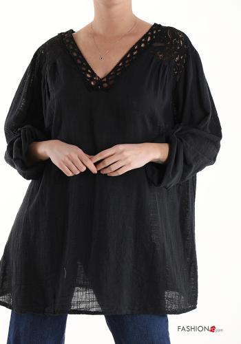  lace trim Cotton Tunic with v-neck 3/4 sleeve Black