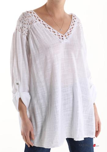  lace trim Cotton Tunic with v-neck 3/4 sleeve White
