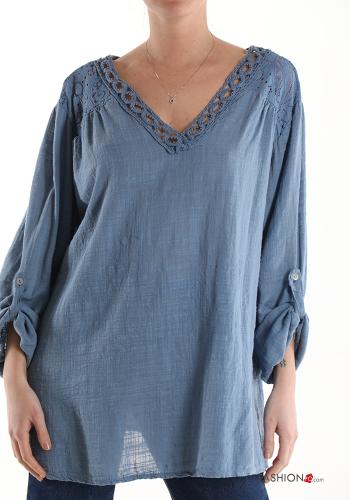  lace trim Cotton Tunic with v-neck 3/4 sleeve Denim