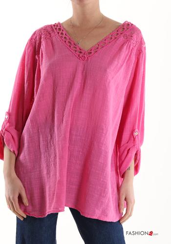  lace trim Cotton Tunic with v-neck 3/4 sleeve Fucsia