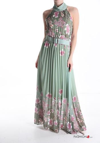  Floral sleeveless long pleated Dress with belt