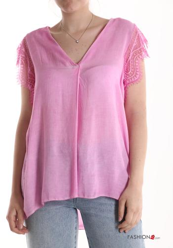  short sleeve Blouse with v-neck Magenta