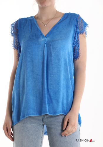  short sleeve Blouse with v-neck Blue