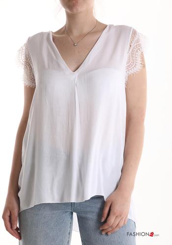  short sleeve Blouse with v-neck White