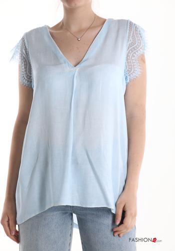  short sleeve Blouse with v-neck Light -blue
