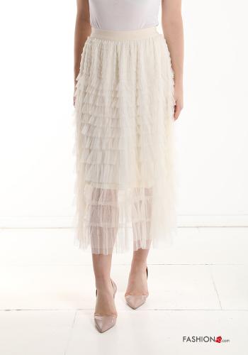  Gonna tulle midi con balze con elastico  Avorio