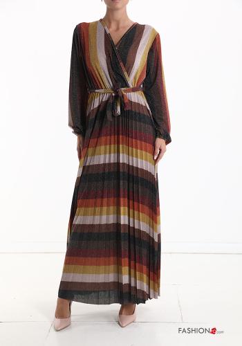  Striped lurex long long sleeve pleated Dress with v-neck with sash