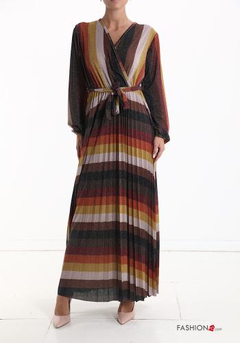 Vestido largo De lurex con plisado manga larga a rayas con cuello en v con fajín  Bistre