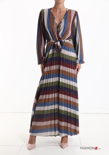  Vestido largo De lurex con plisado manga larga a rayas con cuello en v con fajín  Negro