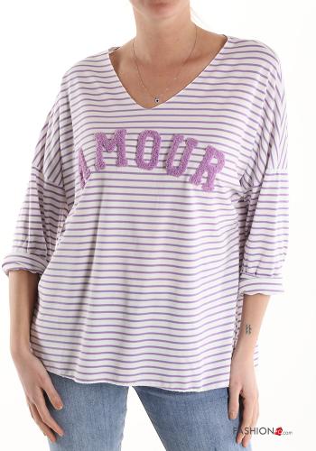  Striped Cotton Long sleeved top with v-neck