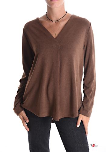  Camiseta de manga larga con cuello en v  Marrón