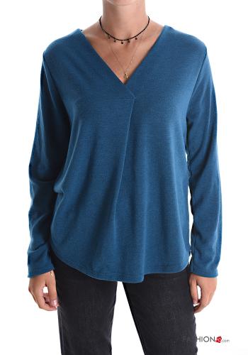  Camiseta de manga larga con cuello en v  Verde azulado