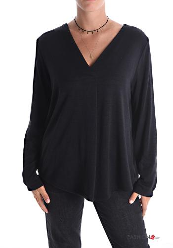  Camiseta de manga larga con cuello en v  Negro