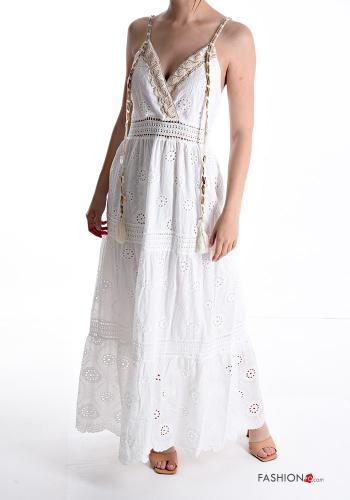  ärmellos lange Kleid aus Baumwolle mit Volants englische stickerei mit V-Ausschnitt