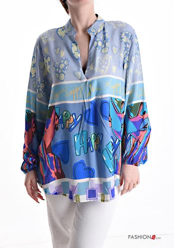  Patterned oversized Blouse with v-neck Light -blue