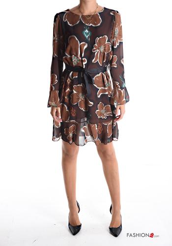  Floral long sleeve knee-length Dress with ribbon