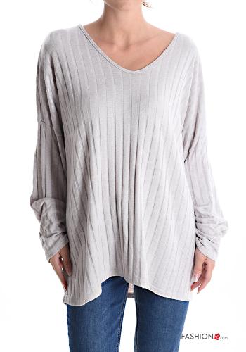  Ribbed Wool Mix Long sleeved top with v-neck Beige