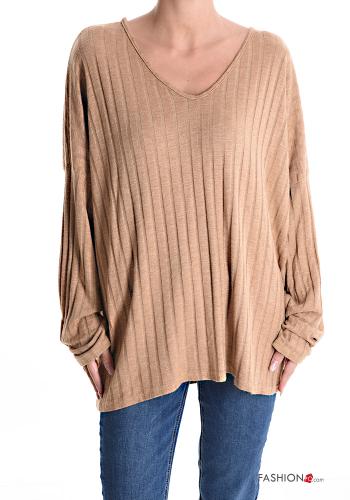  Ribbed Wool Mix Long sleeved top with v-neck Tar