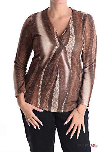  lurex Long sleeved top with v-neck Brown