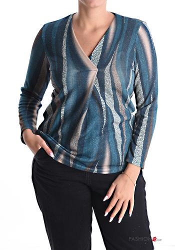  lurex Long sleeved top with v-neck Teal