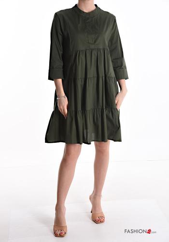  knee-length Cotton Dress with flounces 3/4 sleeve with buttons Military green