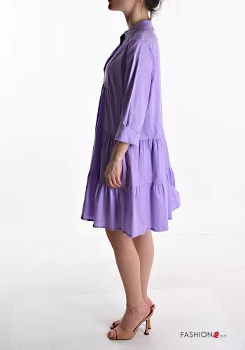  knee-length Cotton Dress with flounces 3/4 sleeve with buttons